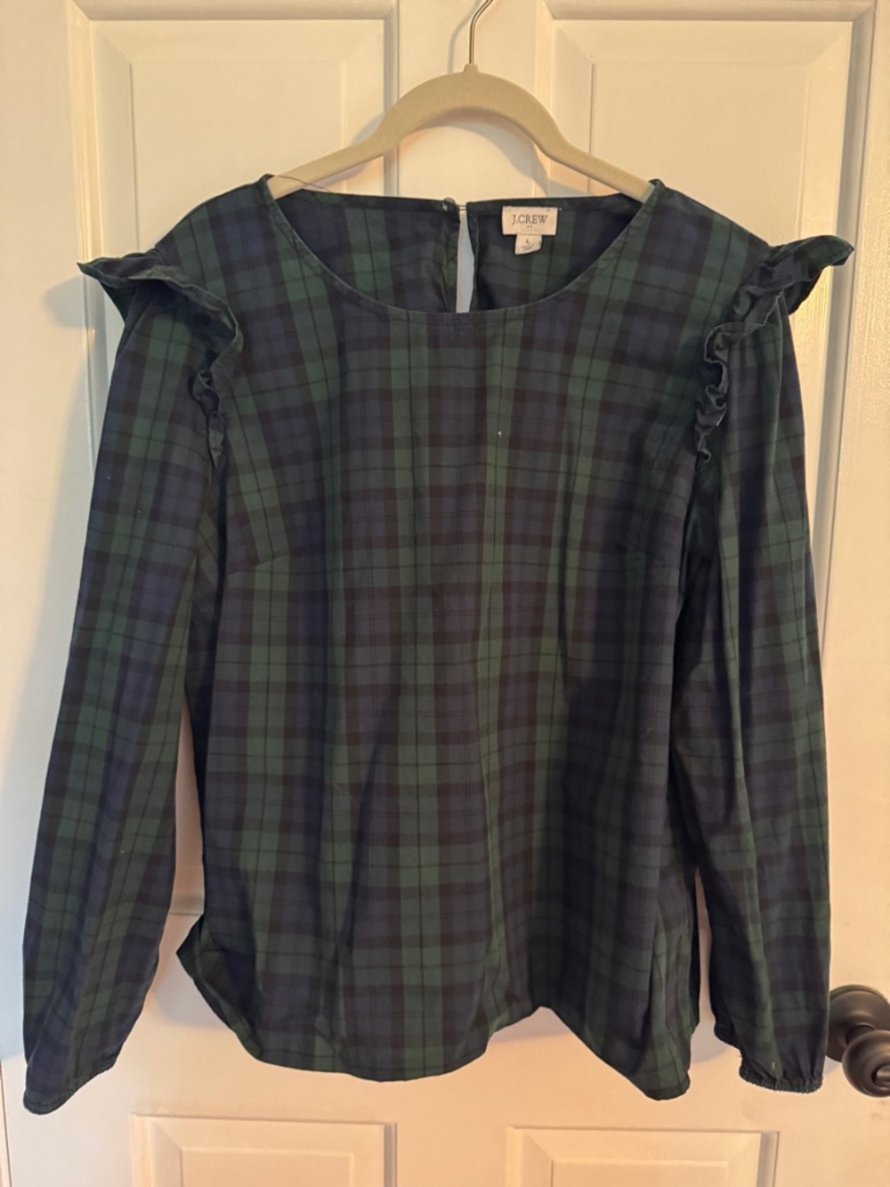 J. Crew Navy and Green Plaid Ruffle-Shoulder Blouse